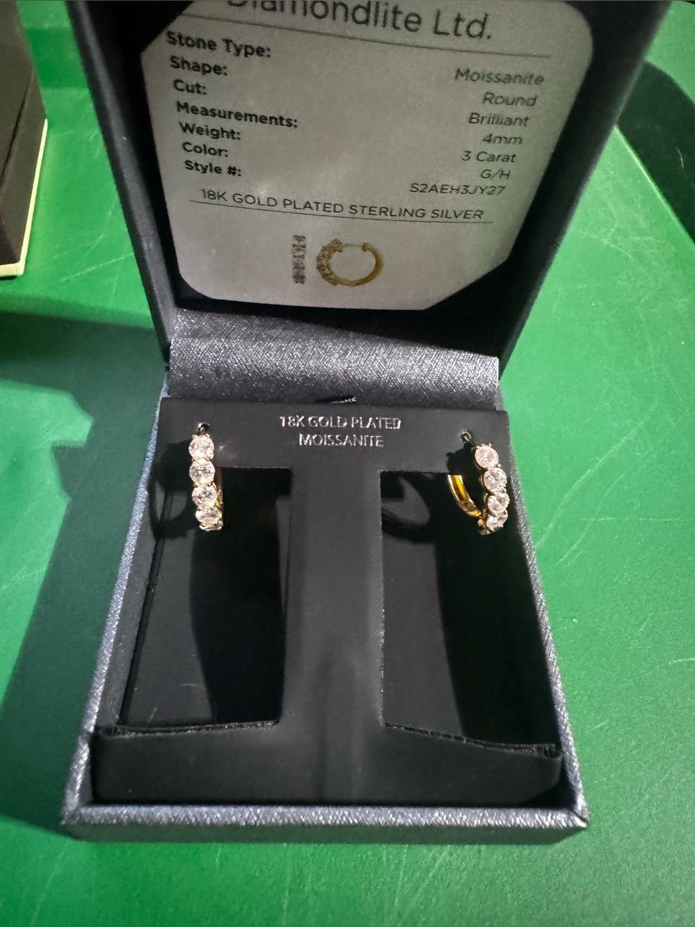18K Gold-Plated 3 kt. Moissanite Huggie Earrings in Gold with White Stones